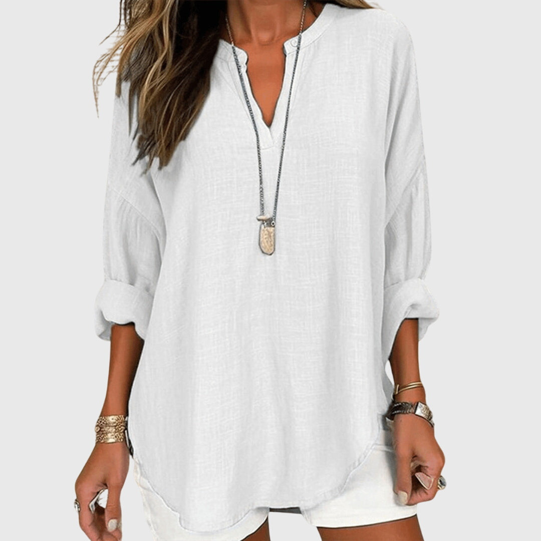 Camisa de Playa Elegante y Fluida para Mujeres con Cuello en V y Manga Larga, Ajuste Relajado, Casual de Verano – Lenara
