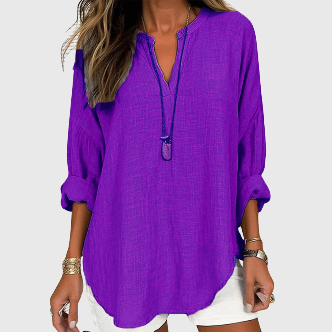 Camisa de Playa Elegante y Fluida para Mujeres con Cuello en V y Manga Larga, Ajuste Relajado, Casual de Verano – Lenara