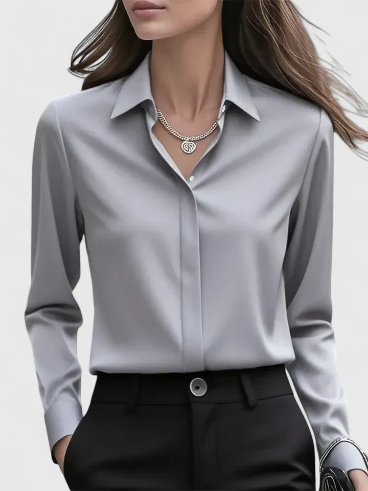 Blusa Elegante de Cuello Abotonado para Mujeres de Manga Larga, Ajuste Relajado, Casual y Chic – Melvaya