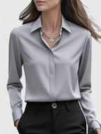 Blusa Elegante de Cuello Abotonado para Mujeres de Manga Larga, Ajuste Relajado, Casual y Chic – Melvaya