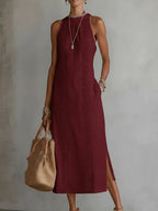 Vestido Midi de Lino Minimalista Retro para Mujer Sin Mangas Cuello Alto Detalle de Encaje Casual Verano Playa Vacaciones Diario – Celeste