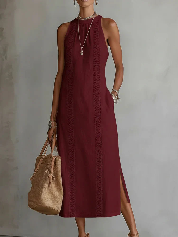 Vestido Midi de Lino Minimalista Retro para Mujer Sin Mangas Cuello Alto Detalle de Encaje Casual Verano Playa Vacaciones Diario – Celeste