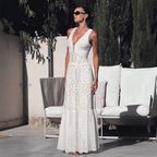 Conjunto de traje de baño de una pieza con escote en V, corte láser y florales & falda larga para vacaciones en la playa, resort, fiesta en la piscina, crucero, luna de miel – Blanco
