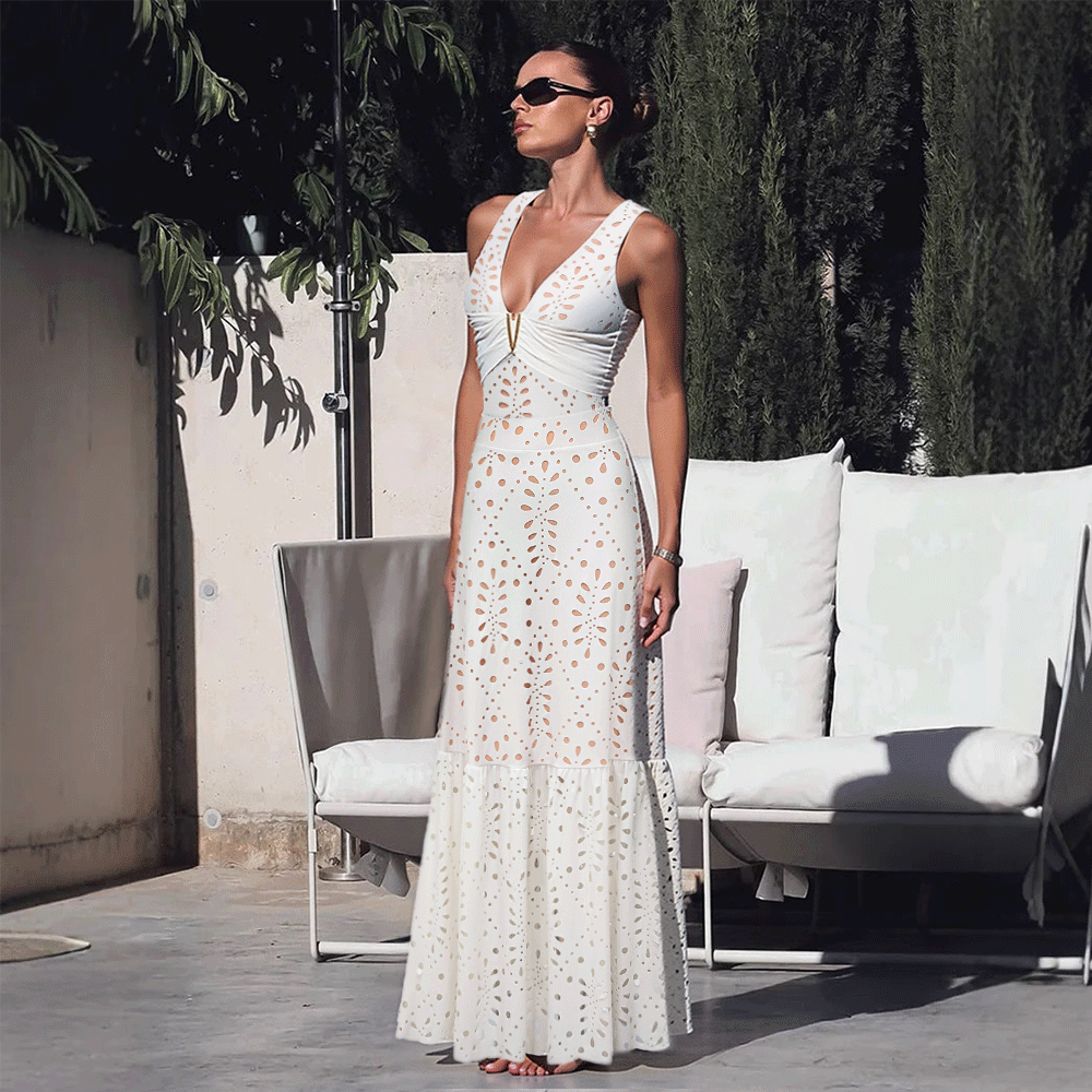 Conjunto de traje de baño de una pieza con escote en V, corte láser y florales & falda larga para vacaciones en la playa, resort, fiesta en la piscina, crucero, luna de miel – Blanco
