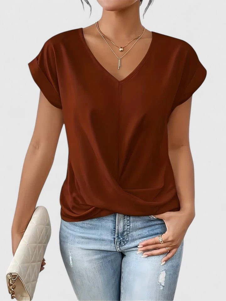 Top V-Neck Confortable para Mujeres con Twist Frontal de Manga Corta Casual Chic – Mahrianne