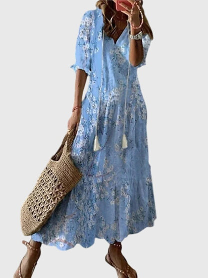 Vestido Midi de Verano Boho Vintage para Mujeres con Estampado Floral y Manga Corta Casual Femenino Chic – Amalia