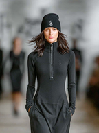 Vestido Largo de Mezcla de Algodón para Mujeres con Cuello Medio-Alto y Cierre de Cremallera, Corte Suelto, Casual y Athleisure – Negro