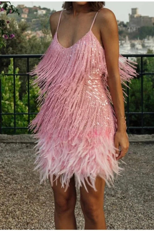 Vestido Mini Elegante de Lentejuelas con Plumas Rosas, Tirantes de Espagueti, Glamour para Cóctel, Noche de Fiesta