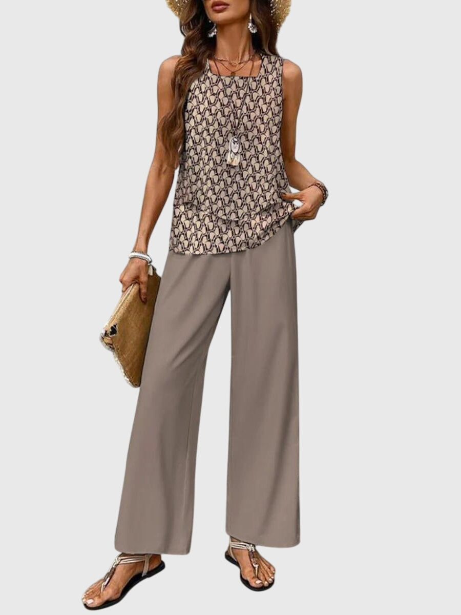 Conjunto de Verano Elegante de 2 Piezas para Mujeres Top de Cuello Cuadrado Pantalones de Pierna Ancha Estampado Floral Casual Chic – Brenda