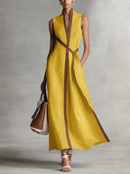 Vestido Midi Formal Sin Mangas de Algodón y Lino para Mujer, Cuello Alto, Verano, Playa, Vacaciones, Trabajo, Uso Diario – Aurora