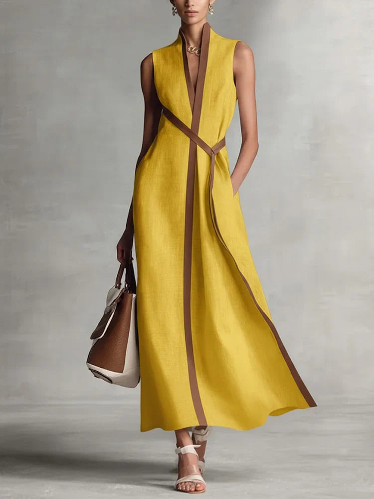 Vestido Midi Formal Sin Mangas de Algodón y Lino para Mujer, Cuello Alto, Verano, Playa, Vacaciones, Trabajo, Uso Diario – Aurora