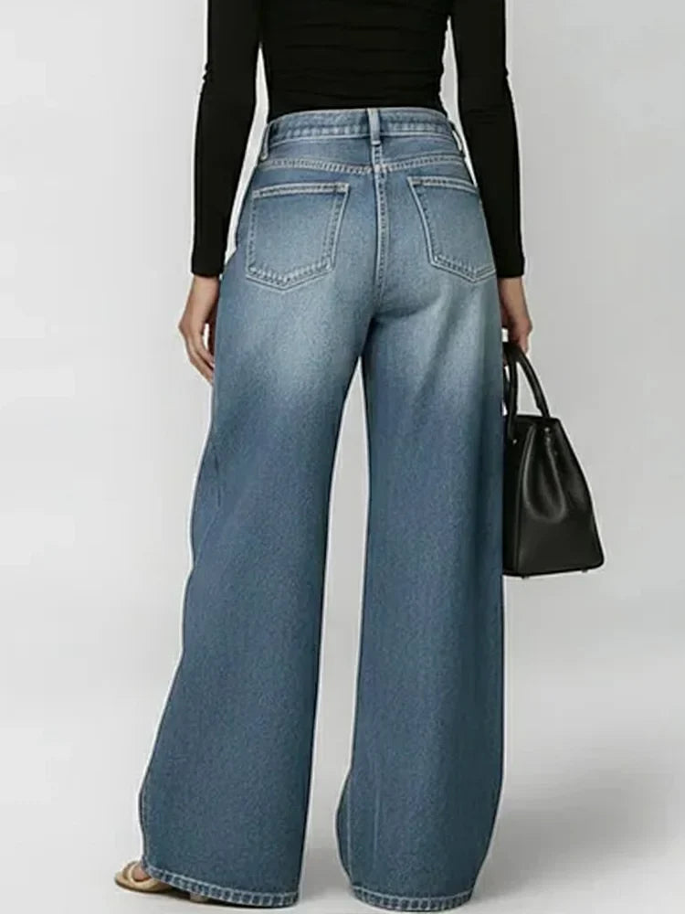 Jeans de Pierna Ancha de Cintura Alta para Mujer, Casual, Sueltos, Moda Urbana, Pantalones de Mezclilla con Cierre – Riviera