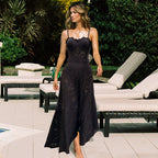 Conjunto de Traje de Baño de Una Pieza Negro con Corte Láser y Falda Larga con Escote en V para Vacaciones en la Playa, Resort, Fiesta en la Piscina y Crucero – Negro