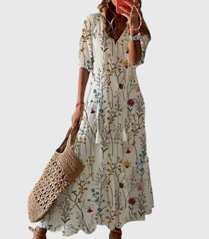 Vestido Midi de Verano Boho Vintage para Mujeres con Estampado Floral y Manga Corta Casual Femenino Chic – Amalia