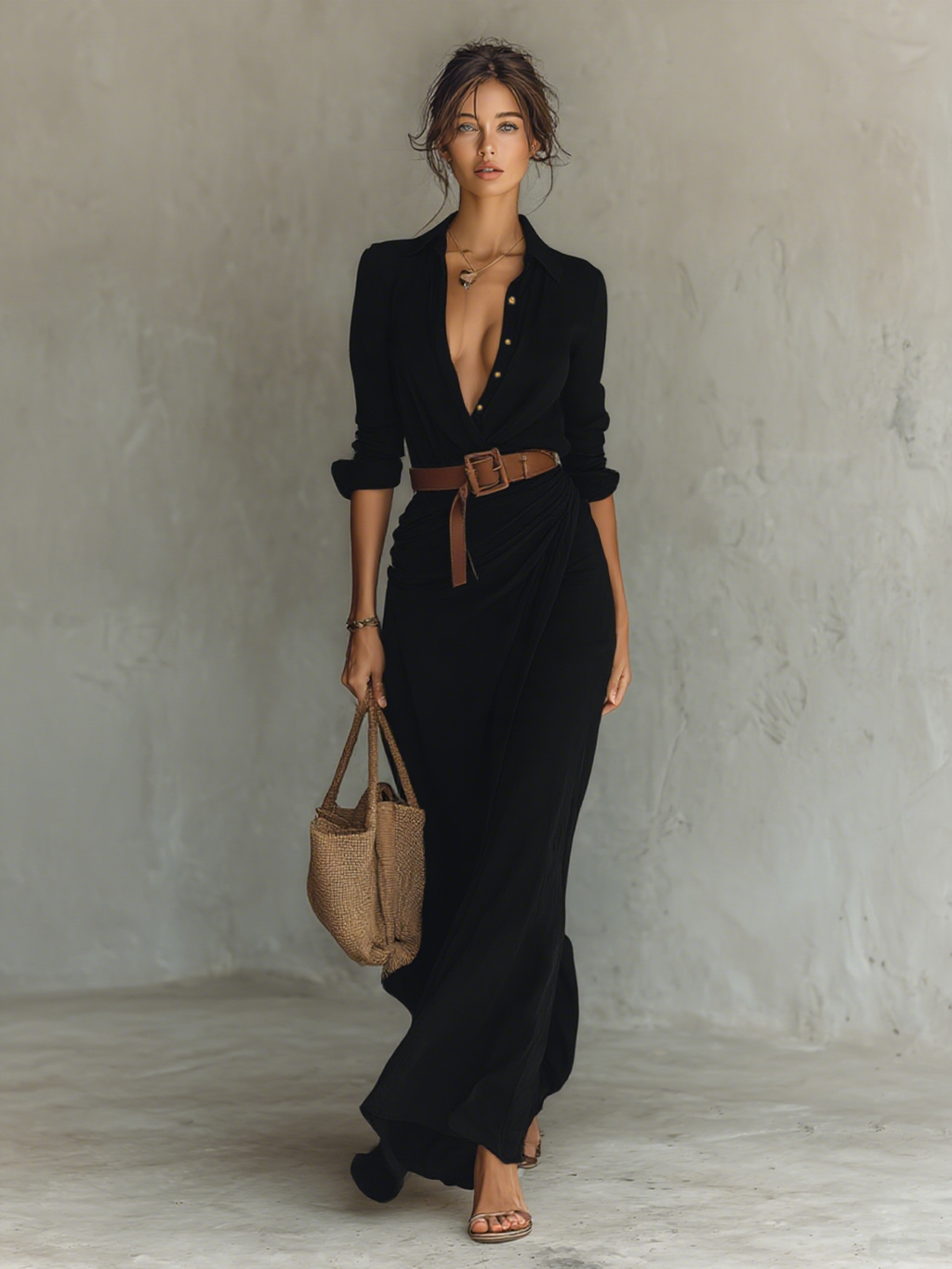 Vestido Largo de Vaquera Elegante para Mujeres con Solapa y Cierre de Un Solo Botón, Cintura con Cinturón, Manga Larga, Casual – Camel