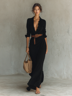 Vestido Largo de Vaquera Elegante para Mujeres con Solapa y Cierre de Un Solo Botón, Cintura con Cinturón, Manga Larga, Casual – Camel