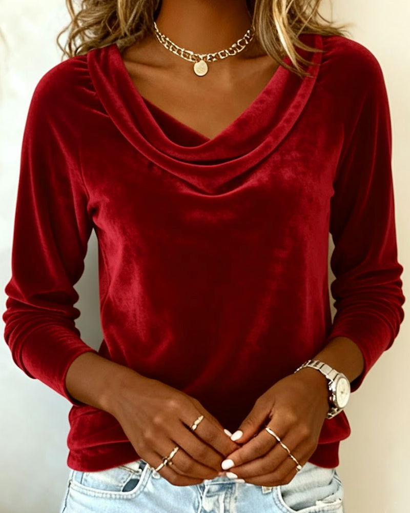 Top de Mujer de Terciopelo con Cuello Cowl de Manga Larga Casual Elegante para el Trabajo, Fiesta, Vacaciones y Ocasiones Festivas – Veloria
