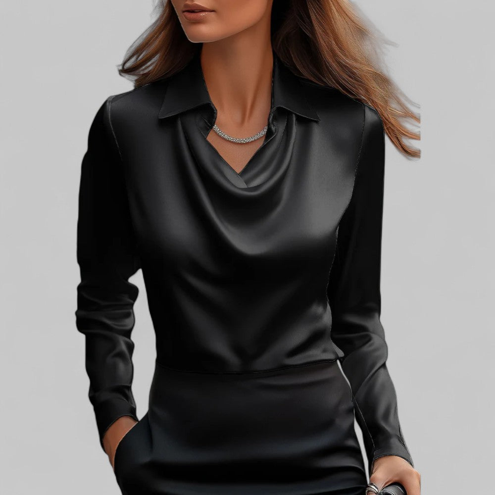 Blusa de Satén con Cuello Drapado y Manga Larga para Mujer Oficina Noche Elegante Seda Formal – Rosa