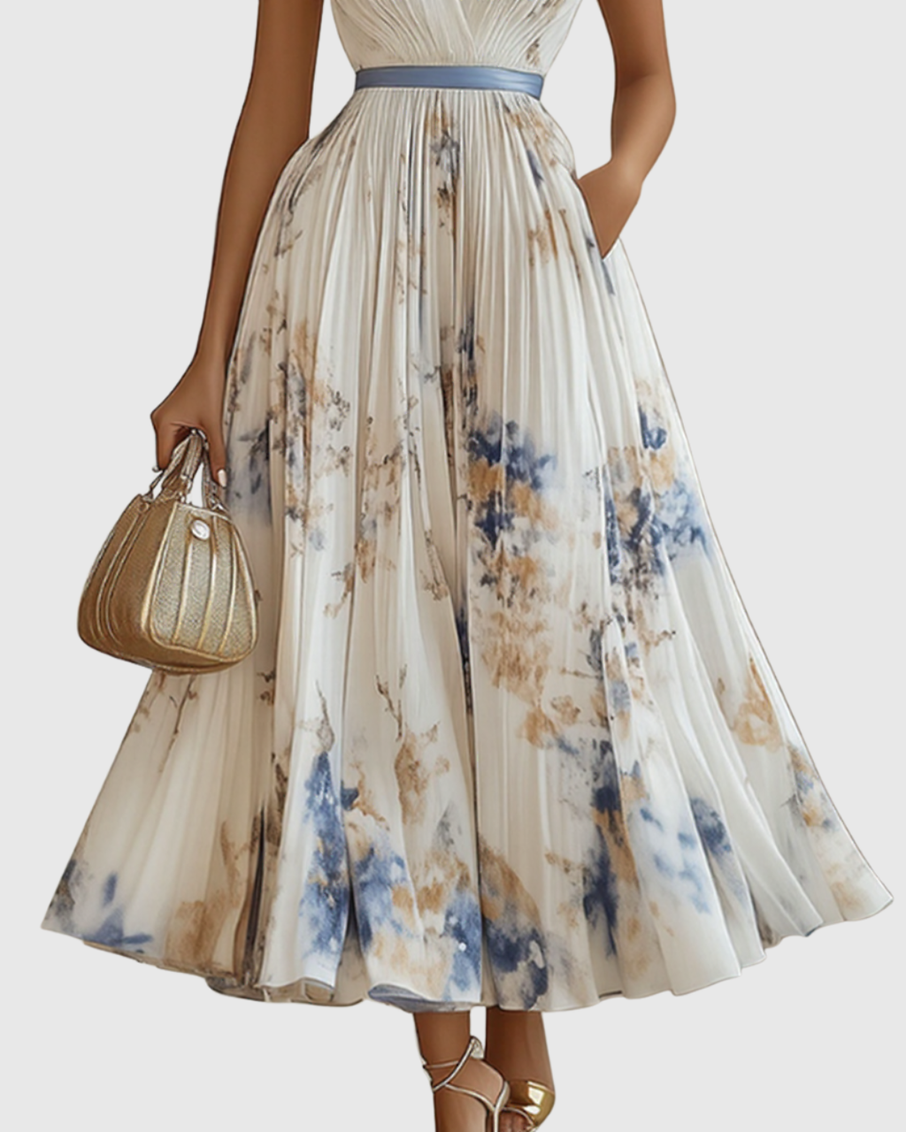 Vestido Largo Floral Plisado Elegante para Mujer con Escote en V y Manga Larga, Cintura con Cinta, Formal e Informal – Rowella