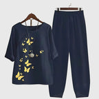Conjunto Casual de Dos Piezas para Mujeres, Top de Manga Corta Impreso y Pantalones de Pierna Ancha, Cómodo para el Día a Día – Alessia