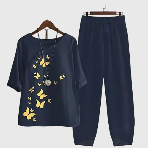 Conjunto Casual de Dos Piezas para Mujeres, Top de Manga Corta Impreso y Pantalones de Pierna Ancha, Cómodo para el Día a Día – Alessia