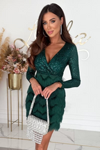 Vestido Corto de Flecos con Lentejuelas para Mujer de Manga Larga V-Cuello Fiesta Noche de Cóctel Nochevieja Cumpleaños Gala – Rosa