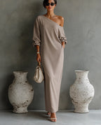 Vestido Largo Elegante de Una Sola Manga para Mujer de Algodón y Lino, Fluido, Formal, para Fiestas y Bodas – Blanco Marfil