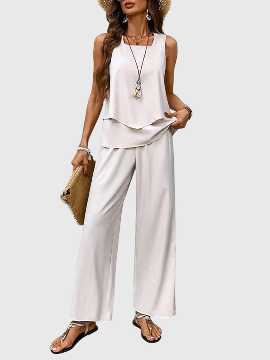 Conjunto de Verano Elegante de 2 Piezas para Mujeres Top de Cuello Cuadrado Pantalones de Pierna Ancha Estampado Floral Casual Chic – Brenda
