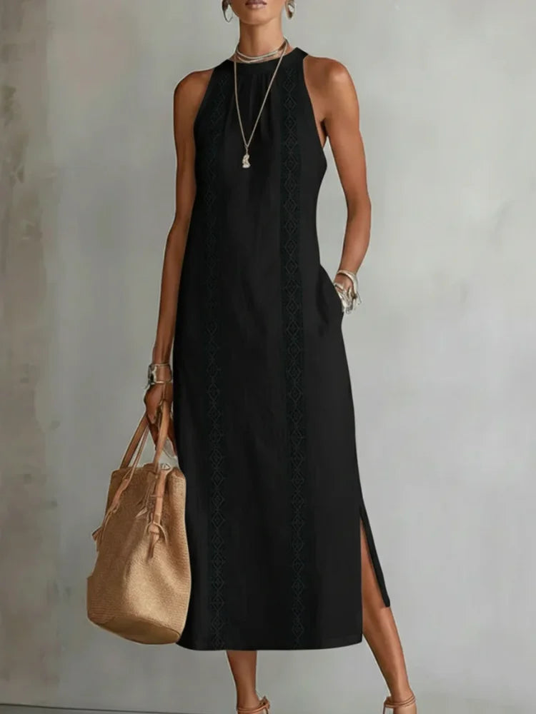 Vestido Midi de Lino Minimalista Retro para Mujer Sin Mangas Cuello Alto Detalle de Encaje Casual Verano Playa Vacaciones Diario – Celeste