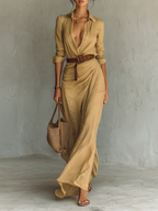 Vestido Largo de Vaquera Elegante para Mujeres con Solapa y Cierre de Un Solo Botón, Cintura con Cinturón, Manga Larga, Casual – Camel