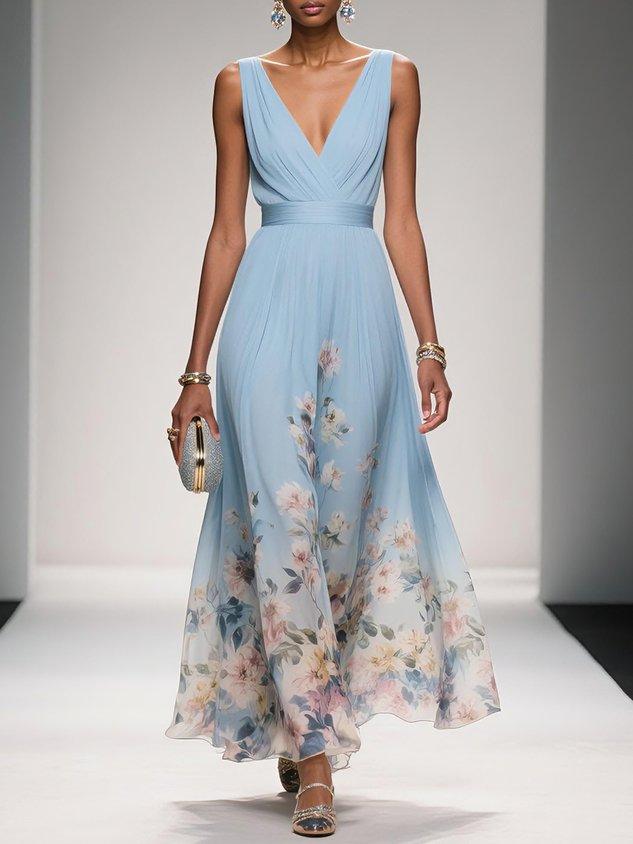 Vestido Largo Floral para Invitadas de Boda Femenino Fluido Romántico Elegante