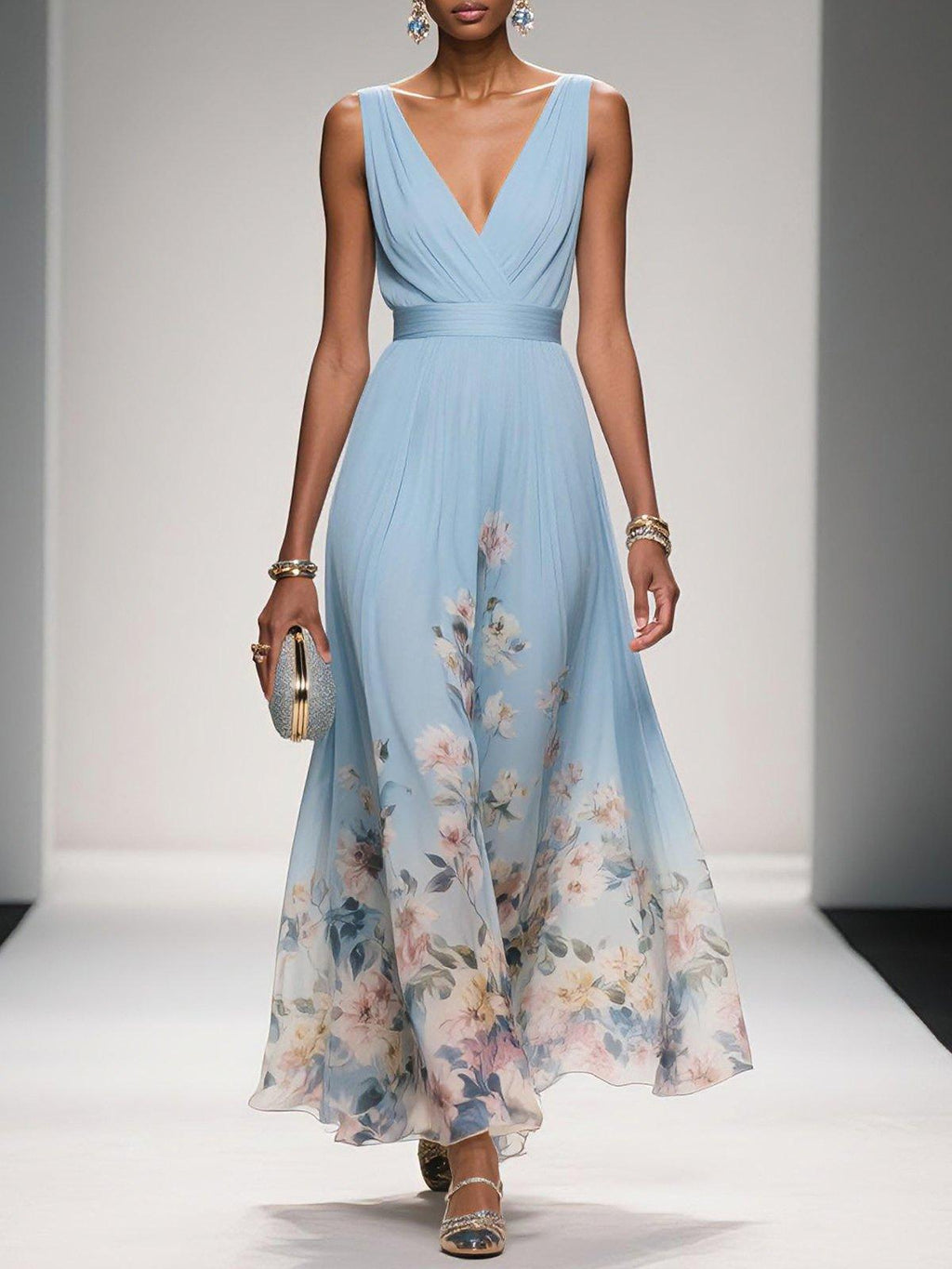 Vestido Largo Floral para Invitadas de Boda Femenino Fluido Romántico Elegante