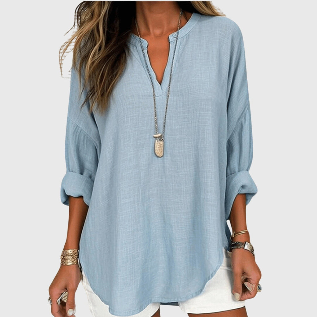 Camisa de Playa Elegante y Fluida para Mujeres con Cuello en V y Manga Larga, Ajuste Relajado, Casual de Verano – Lenara