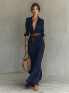 Vestido Largo de Vaquera Elegante para Mujeres con Solapa y Cierre de Un Solo Botón, Cintura con Cinturón, Manga Larga, Casual – Camel