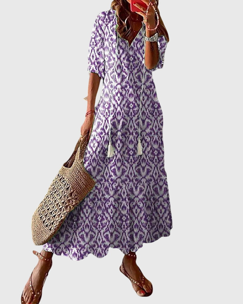 Vestido Midi de Verano Boho Vintage para Mujeres con Estampado Floral y Manga Corta Casual Femenino Chic – Amalia