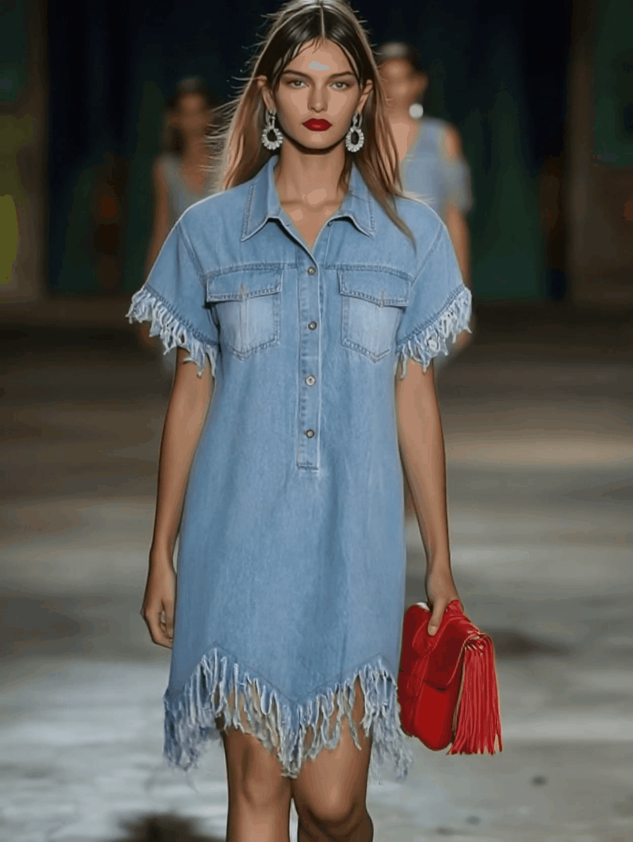 Vestido Mini Camisa de Mezclilla Vintage para Mujeres con Mangas Cortas, Flecos de Borlas, Cuello de Solapa, Casual, Verano, Playa – Azul Claro, Corte Suelto