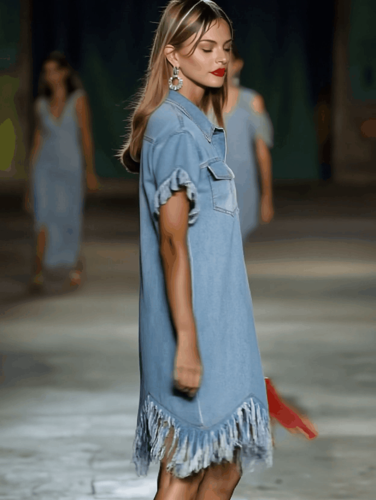 Vestido Mini Camisa de Mezclilla Vintage para Mujeres con Mangas Cortas, Flecos de Borlas, Cuello de Solapa, Casual, Verano, Playa – Azul Claro, Corte Suelto