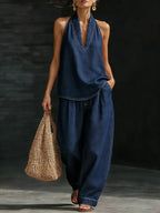 Conjunto de Denim Minimalista de Dos Piezas para Mujeres, Top Halter y Pantalones de Pierna Ancha, Ropa Casual de Calle para el Verano – Zaria