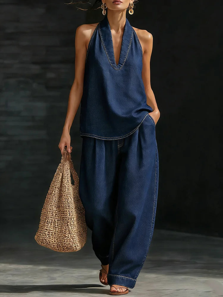 Conjunto de Denim Minimalista de Dos Piezas para Mujeres, Top Halter y Pantalones de Pierna Ancha, Ropa Casual de Calle para el Verano – Zaria