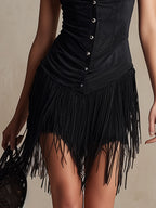Vestido Mini Sin Mangas de Ante Sintético con Flecos y Borlas Retro Western para Mujer – Negro