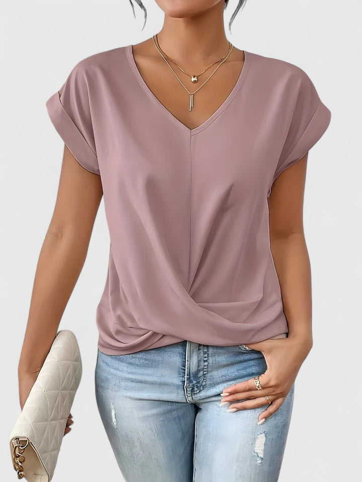 Top V-Neck Confortable para Mujeres con Twist Frontal de Manga Corta Casual Chic – Mahrianne