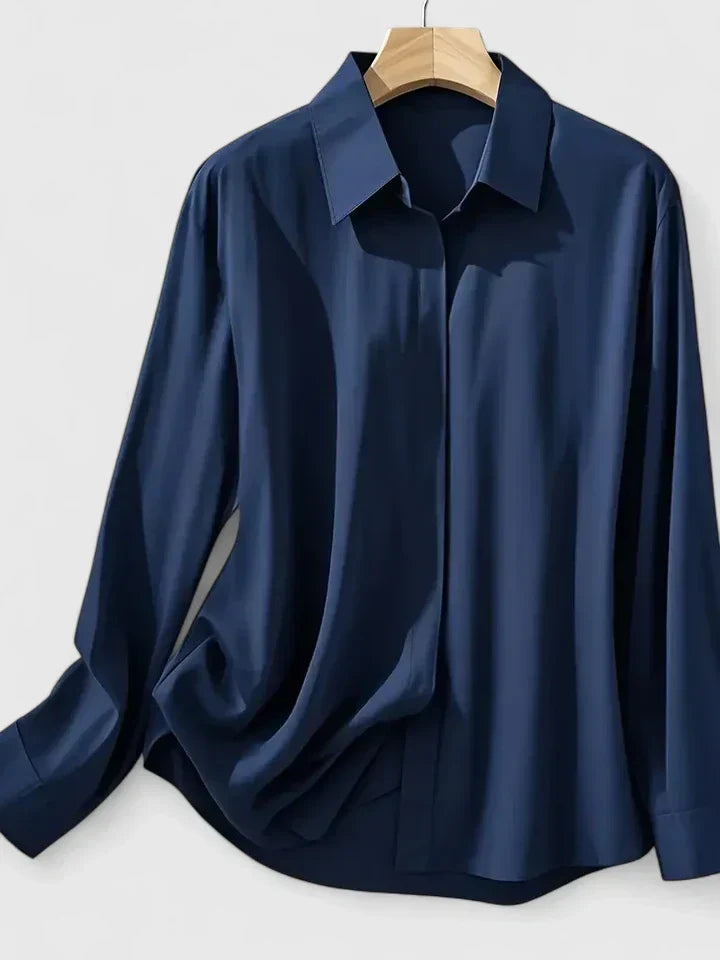 Blusa Elegante de Cuello Abotonado para Mujeres de Manga Larga, Ajuste Relajado, Casual y Chic – Melvaya