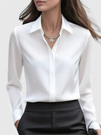 Blusa Elegante de Cuello Abotonado para Mujeres de Manga Larga, Ajuste Relajado, Casual y Chic – Melvaya