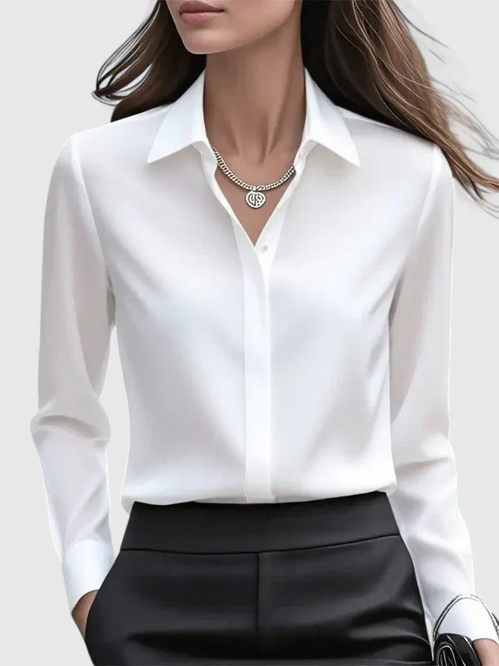 Blusa Elegante de Cuello Abotonado para Mujeres de Manga Larga, Ajuste Relajado, Casual y Chic – Melvaya