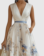 Vestido Largo Floral Plisado Elegante para Mujer con Escote en V y Manga Larga, Cintura con Cinta, Formal e Informal – Rowella