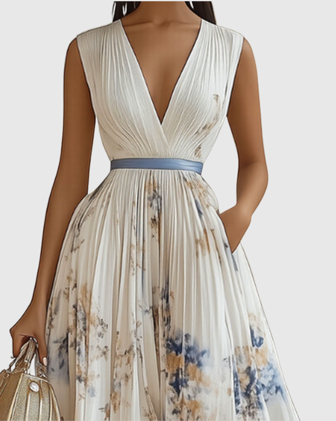 Vestido Largo Floral Plisado Elegante para Mujer con Escote en V y Manga Larga, Cintura con Cinta, Formal e Informal – Rowella