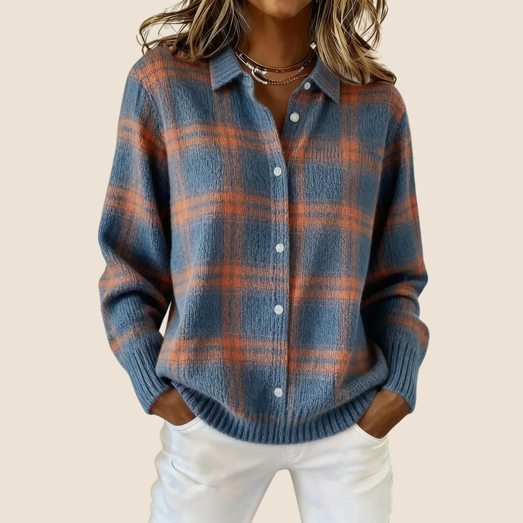 Camisa Chaqueta de Franela de Cuadros Retro para Mujer Casual de Todos los Días Otoño Invierno Acogedora para Exteriores Moda Urbana – Vivienne Naranja Azul Rojo