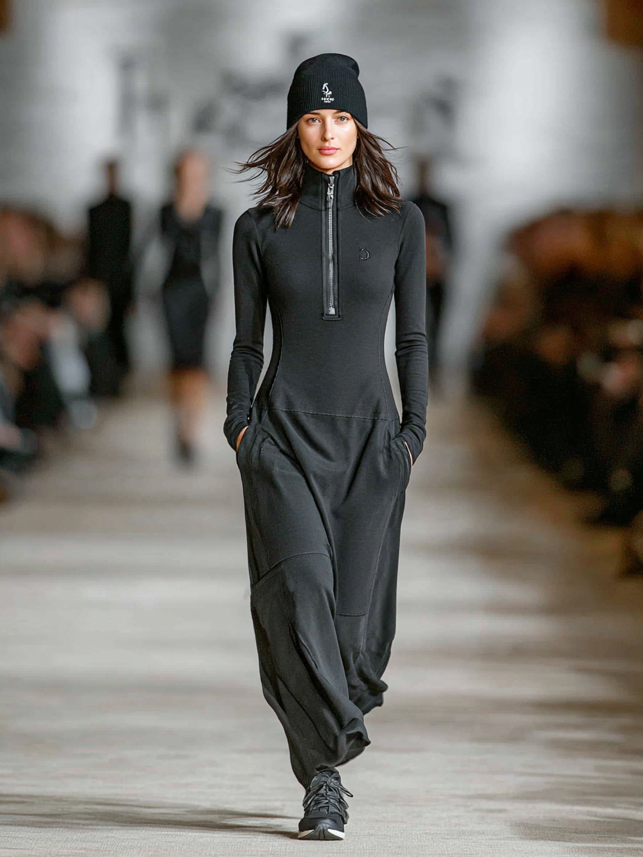 Vestido Largo de Mezcla de Algodón para Mujeres con Cuello Medio-Alto y Cierre de Cremallera, Corte Suelto, Casual y Athleisure – Negro