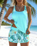 Conjunto de Tankini Suelto de Cuello Cuadrado para Mujer con Estampado Tropical y Pantalones Cortos de Baño – Tropicana