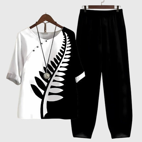 Conjunto Casual de Dos Piezas para Mujeres, Top de Manga Corta Impreso y Pantalones de Pierna Ancha, Cómodo para el Día a Día – Alessia